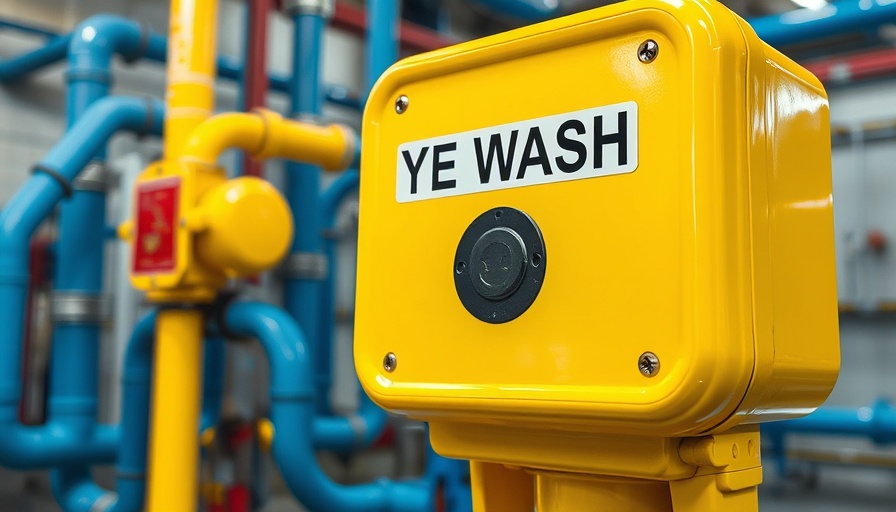 Yellow eye wash station for workplace safety close-up.