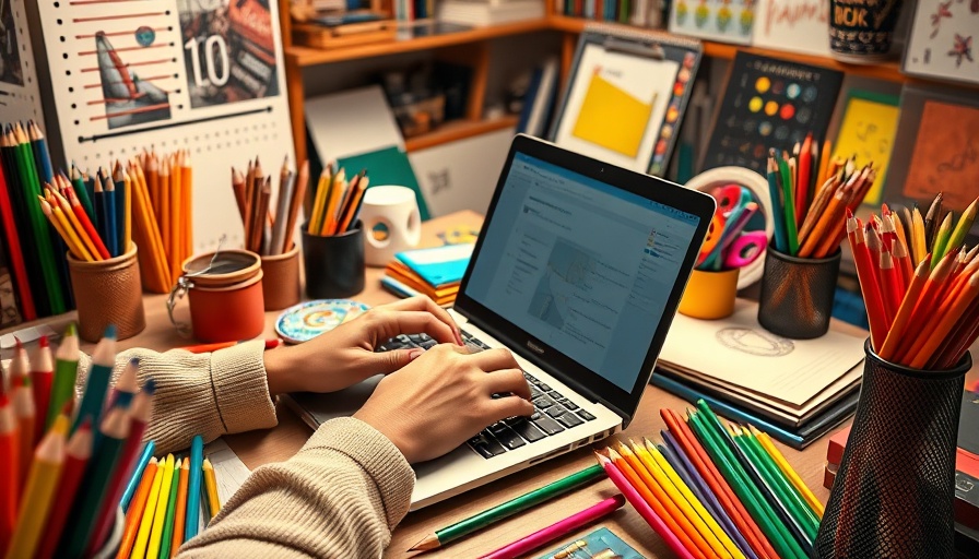 Creative workspace with a laptop and colorful pencils representing graphic design trends in 2025.