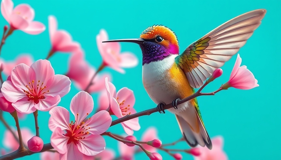 Colorful cartoon hummingbird on a branch with pink flowers, vibrant and detailed.