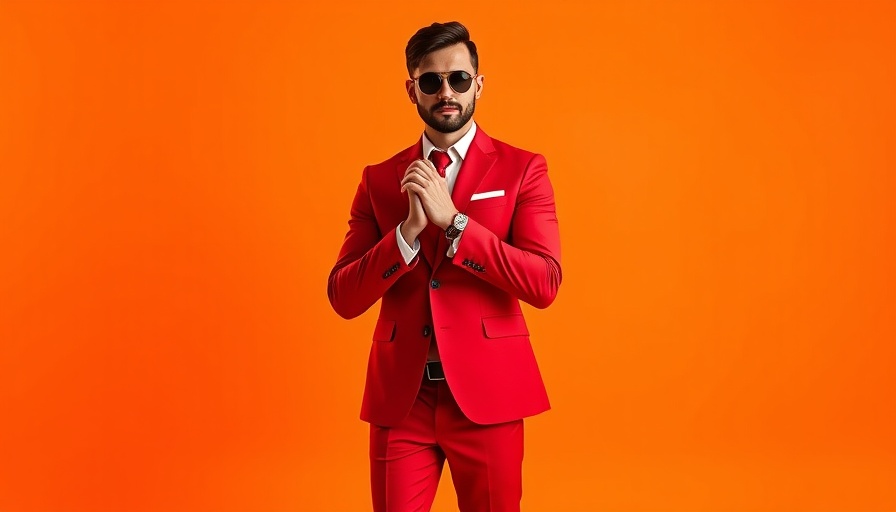 Stylish person in red suit, confident pose, bold background