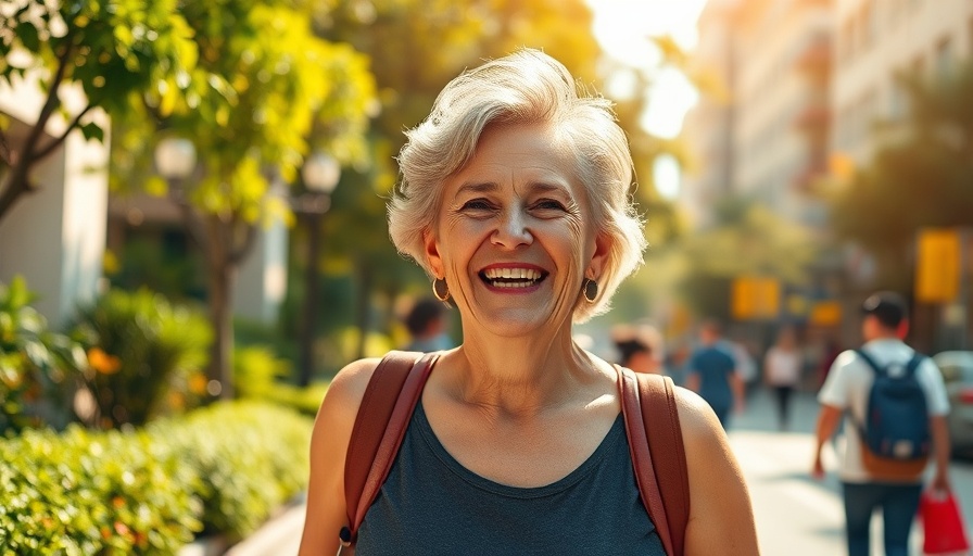 Middle-aged woman enjoying urban hike with vibrant greenery.