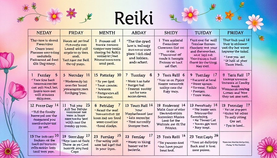 Reiki healing calendar with daily tasks and quotes.