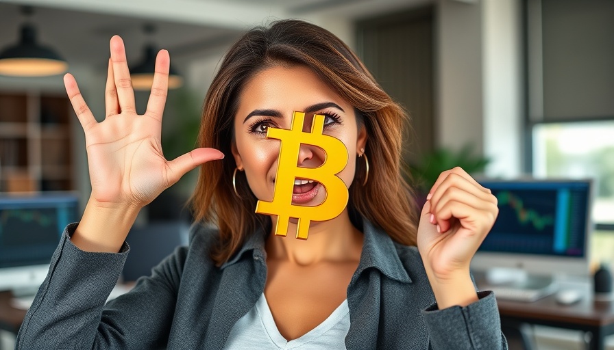 Confident woman holding Bitcoin sign in modern setting, SEO keyword: Bitcoin.