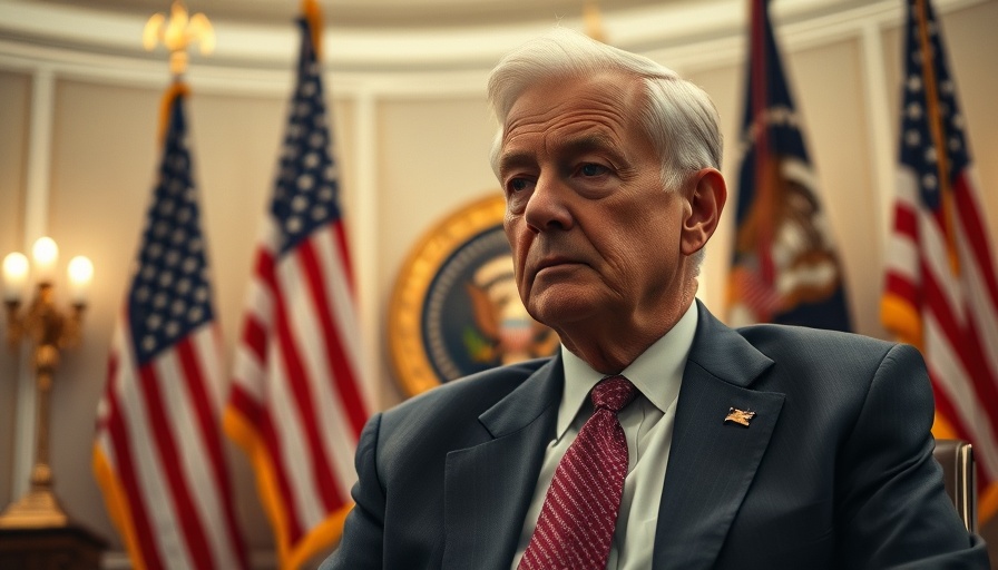 Elderly male in suit with flags discussing U.S. reciprocal tariffs