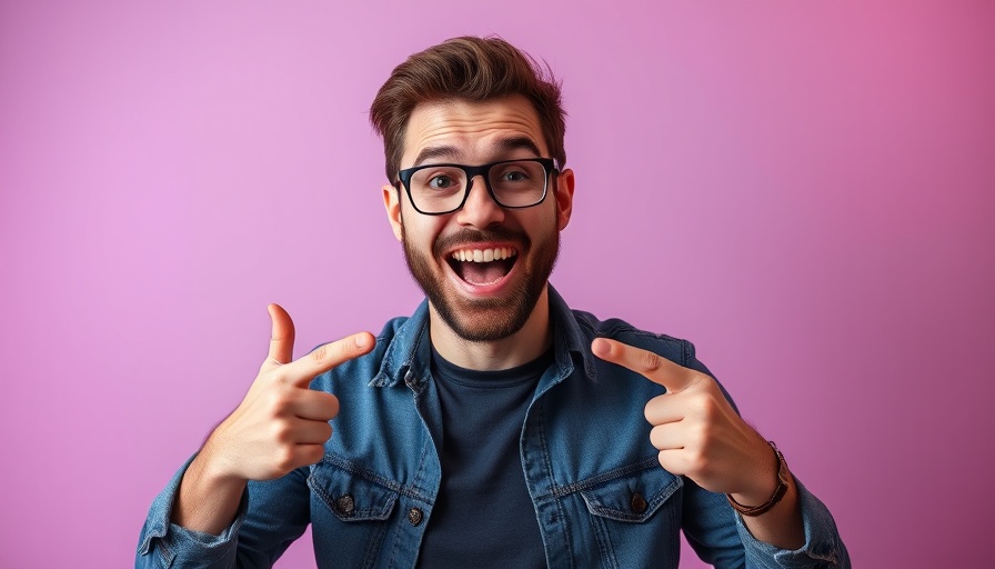 Amazon Nova Act AI Agent cheerful man pointing at text in vibrant background.