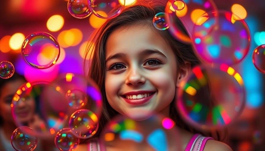 Helping children make friends, girl playing with bubbles in colorful lights.