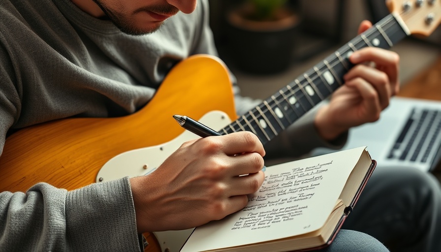 Writing song lyrics without music on a guitar, notebook, and laptop setup.