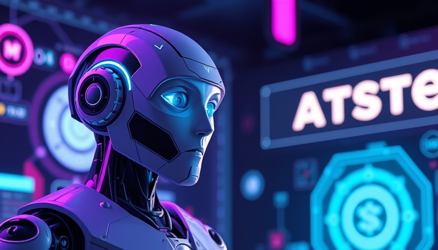Futuristic AI robot offering suggestions in digital marketing interface.