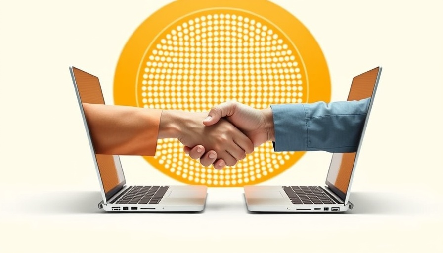 Abstract handshake through laptops representing local business partnerships.