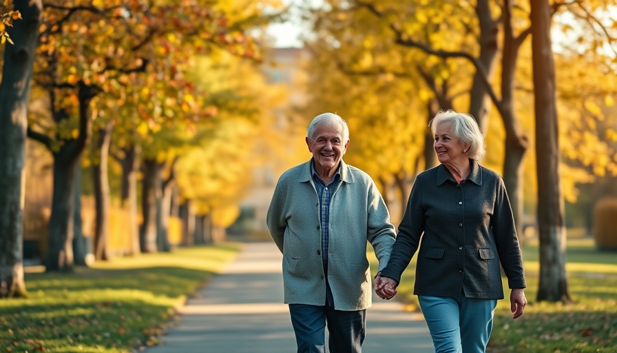Older couple walking together in autumn park, holding hands.