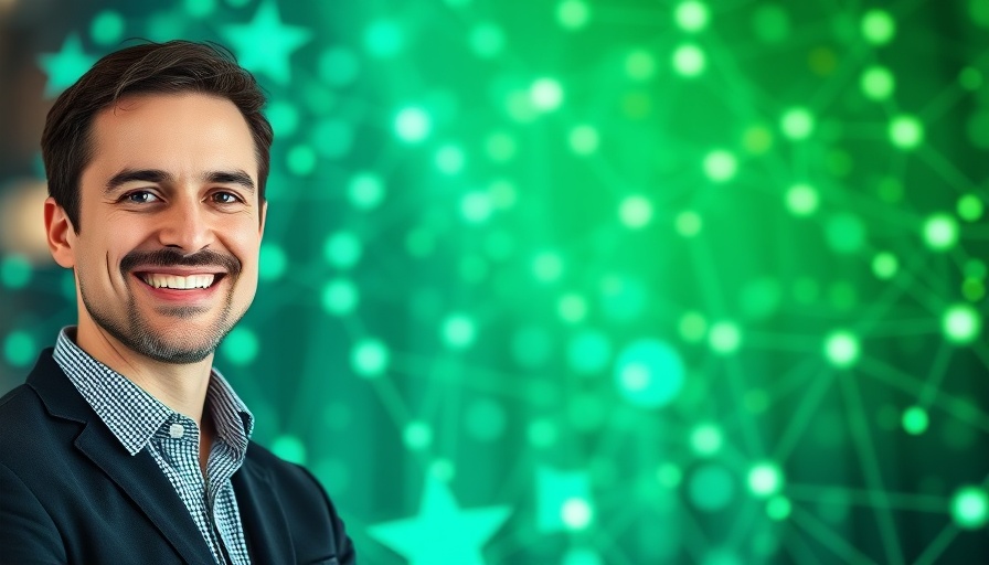 Digital marketing banner featuring speaker at conference, network background.