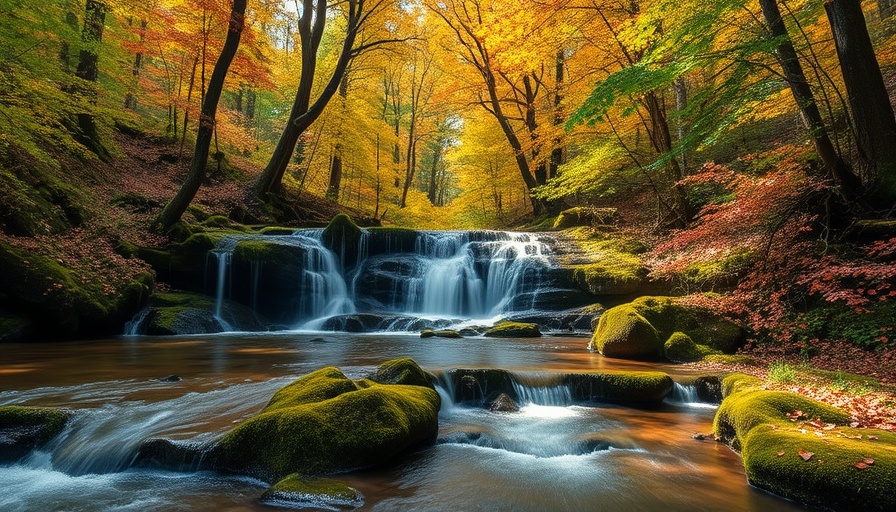 Serene autumn forest waterfall depicting substance abuse recovery journey.