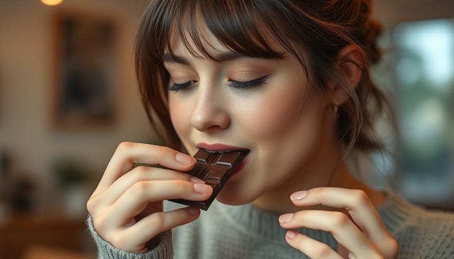 Young woman savoring dark chocolate for heart health benefits.