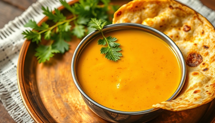 Curried Dal Soup with Sri Lankan Pol Roti garnished with curry leaves.