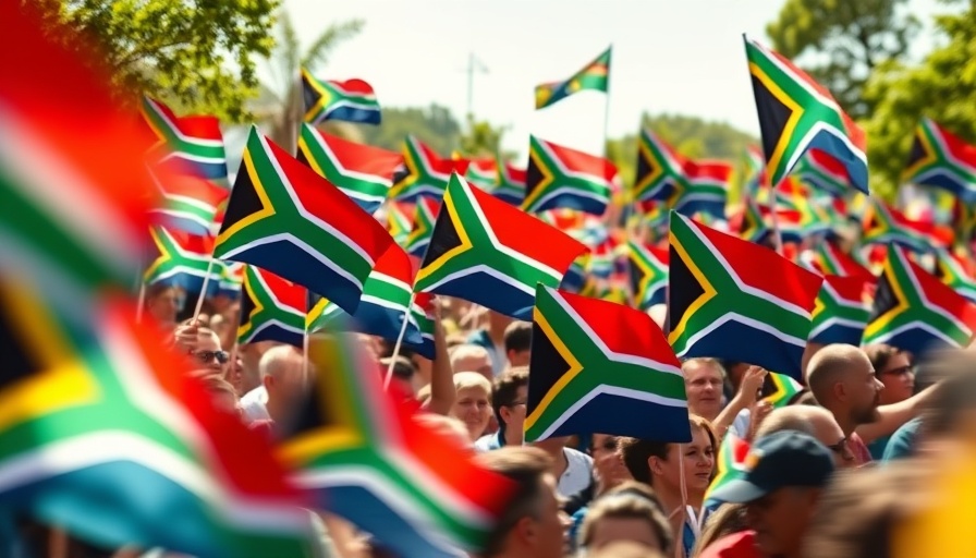 Crowd waving South African flags at outdoor event, vibrant travel scene.