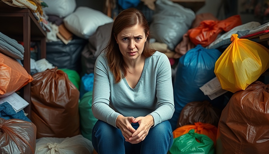 Frustrated woman in cluttered space affecting mental health.