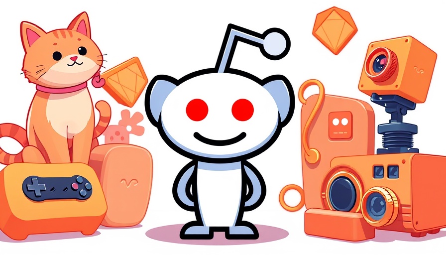 Reddit logo surrounded by orange 3D objects, light background, online reputation management for victims of crime.