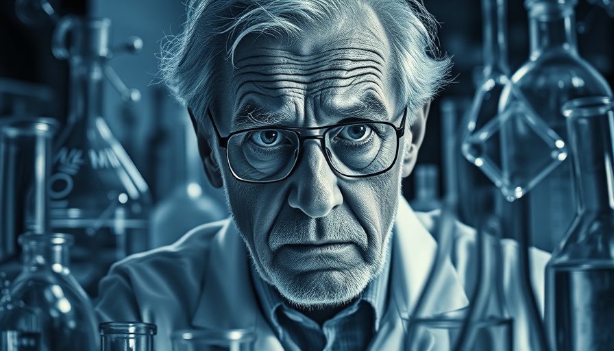 Worried elderly man surrounded by lab glassware, public health focus.