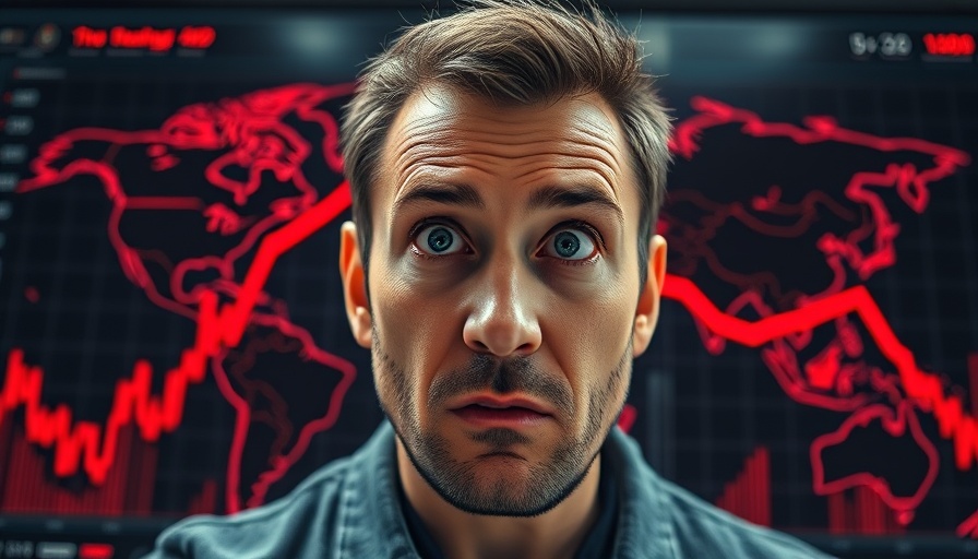 Bitcoin market crash with concerned man and red downward trend.