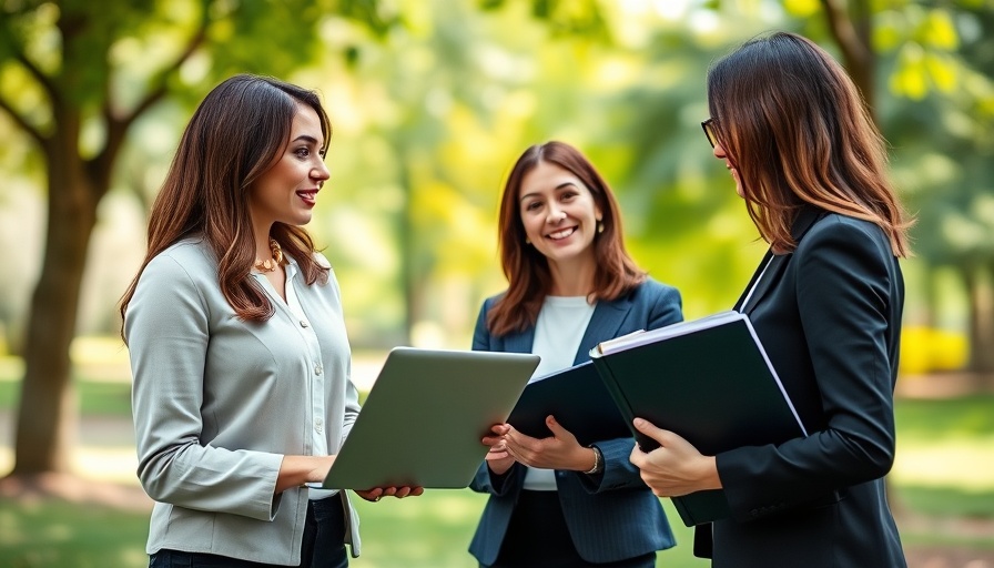 Two professional women discussing signs of healing from financial trauma outdoors.