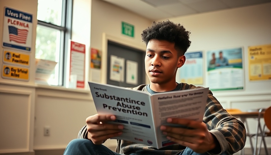 Young adult reading about youth substance abuse prevention in community center.