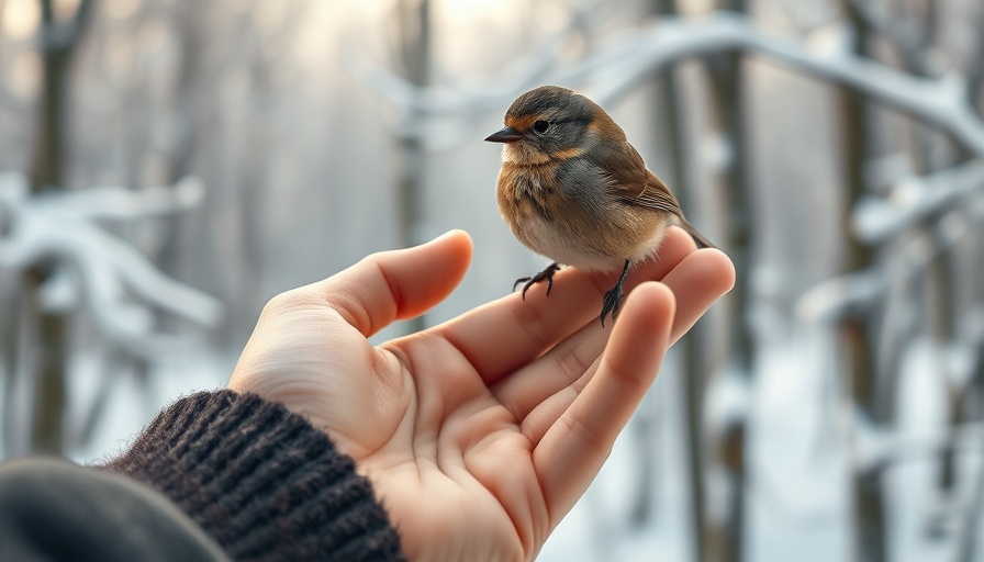 Gentle hand with bird in winter forest, symbolizing mindfulness and resilience.
