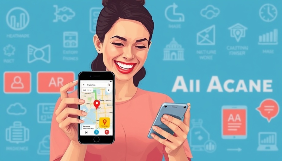 Local SEO insights with AI-powered heatmaps illustration with a woman and smartphone display.