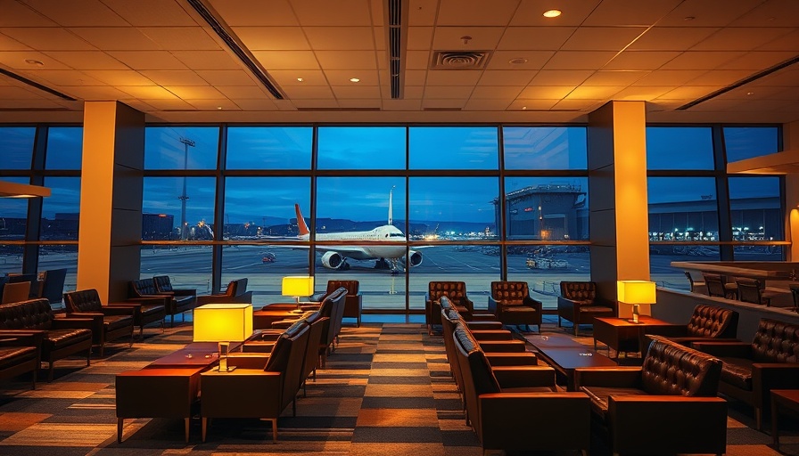 Luxurious airport lounge with free access for military members, nighttime view.