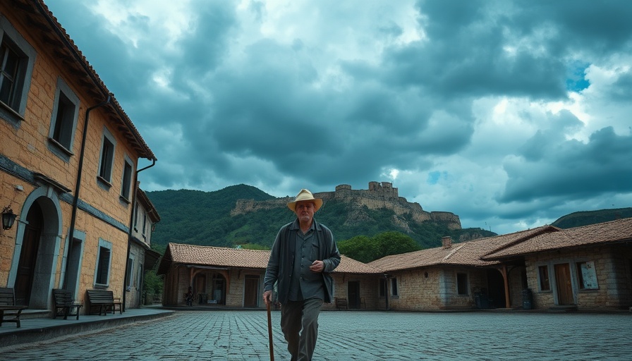 Rural village square with man walking and mountain backdrop.