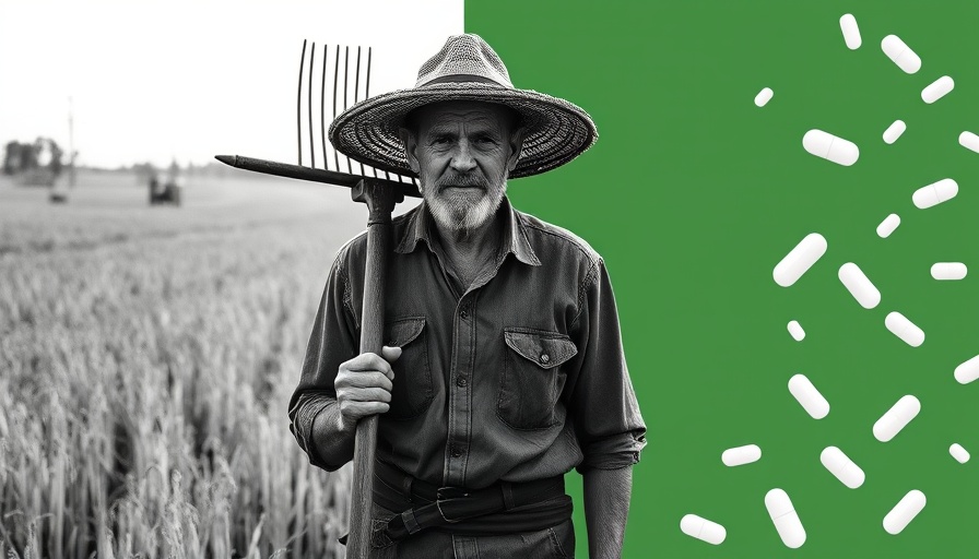 Vintage farmer image with a modern green and pill motif overlay.