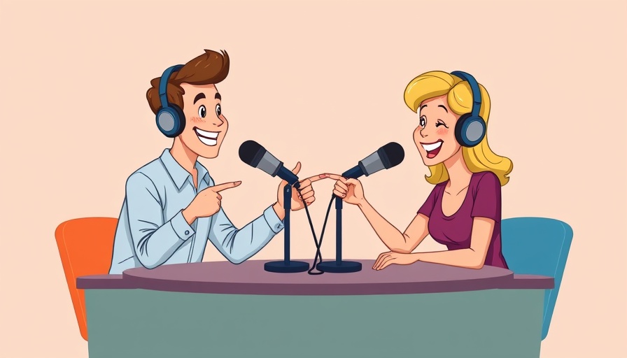 Cartoon of podcasters discussing marketing strategies.