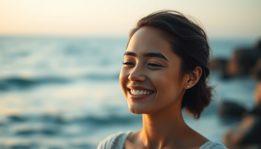 Smiling woman promoting mindfulness meditation for inner strength, serene background.