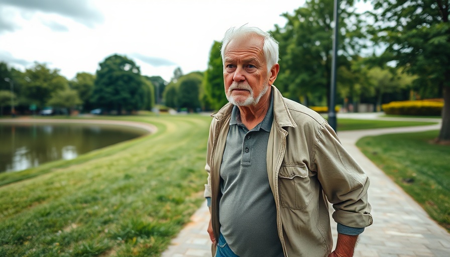 Mature man walking briskly on a sidewalk, lush park background, cloudy skies.