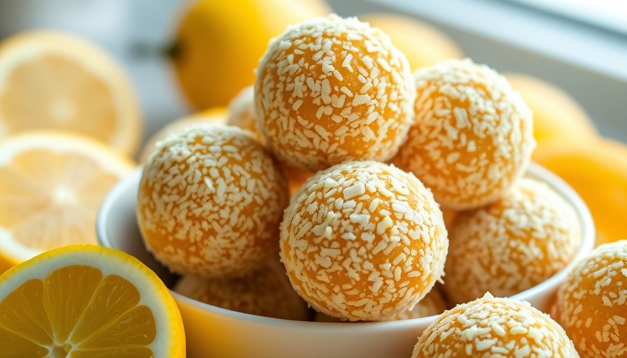 Lemon Turmeric Energy Balls in a bowl with lemons in the background.