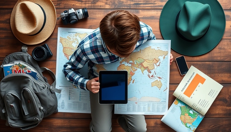 Travel planning setup with a map, tablet, and travel gear, tips for planning a multi-destination trip