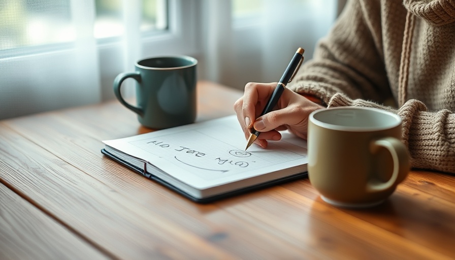Cozy writing scene with notebook and mug on table.
