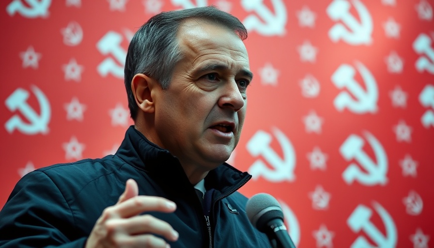 Speaker in interview against political symbol backdrop, GNU concept.