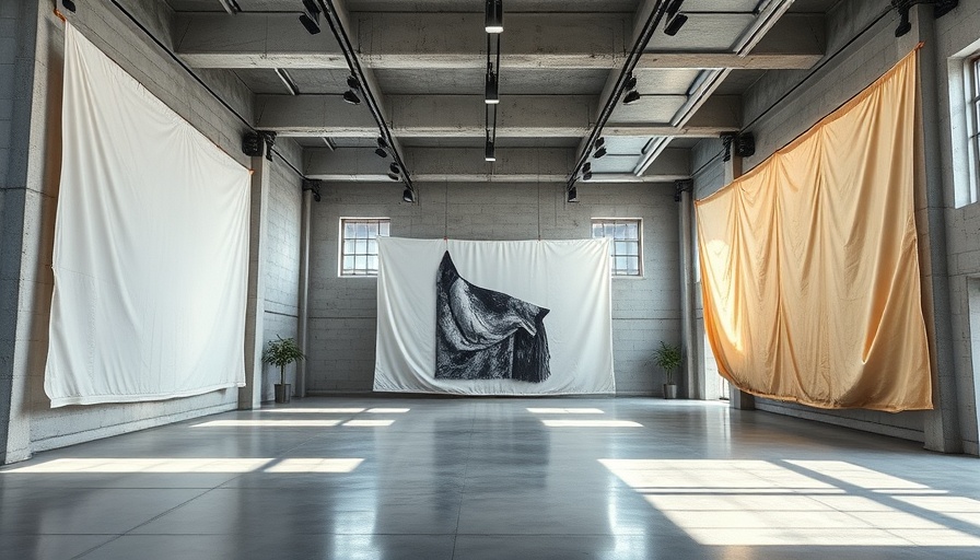 Spacious contemporary art exhibition space with fabric artwork displayed.