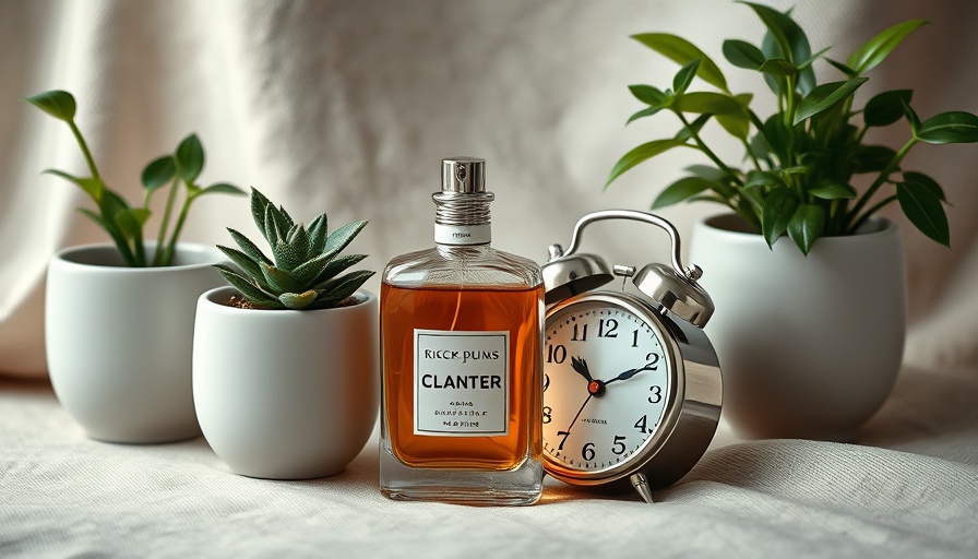 Elegant scene with vintage perfume and clock, sustainable fashion trends 2025.