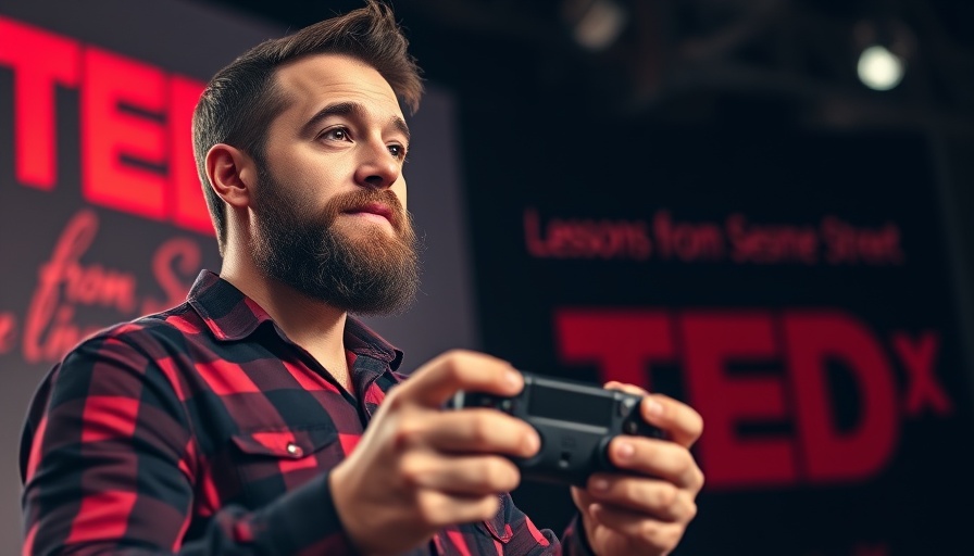 Bearded man on TEDx stage holding gaming controller, Sesame Street lesson.