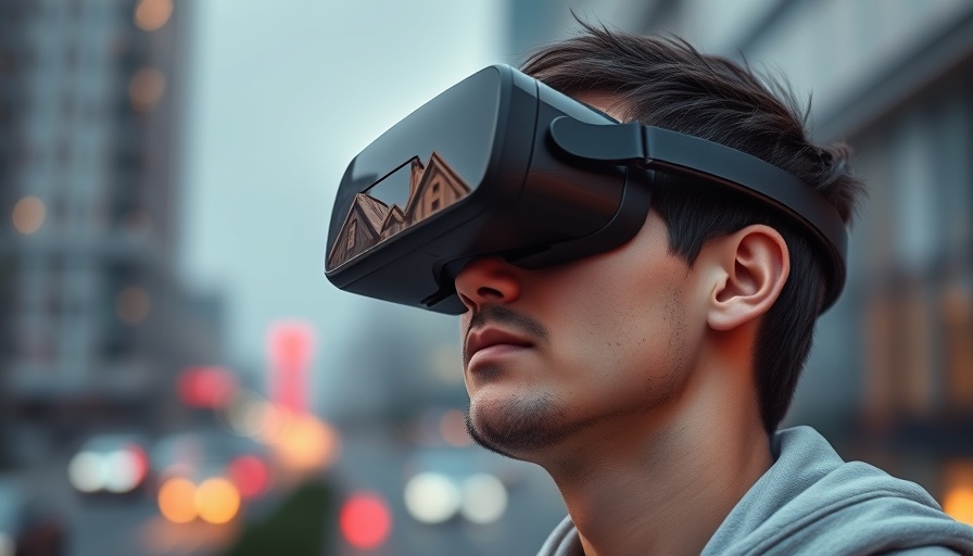 Young man using VR headset in digital marketing, bokeh background.