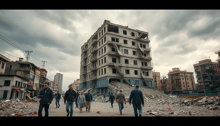 Gaza Crisis impact shown with collapsed building and people navigating rubble.