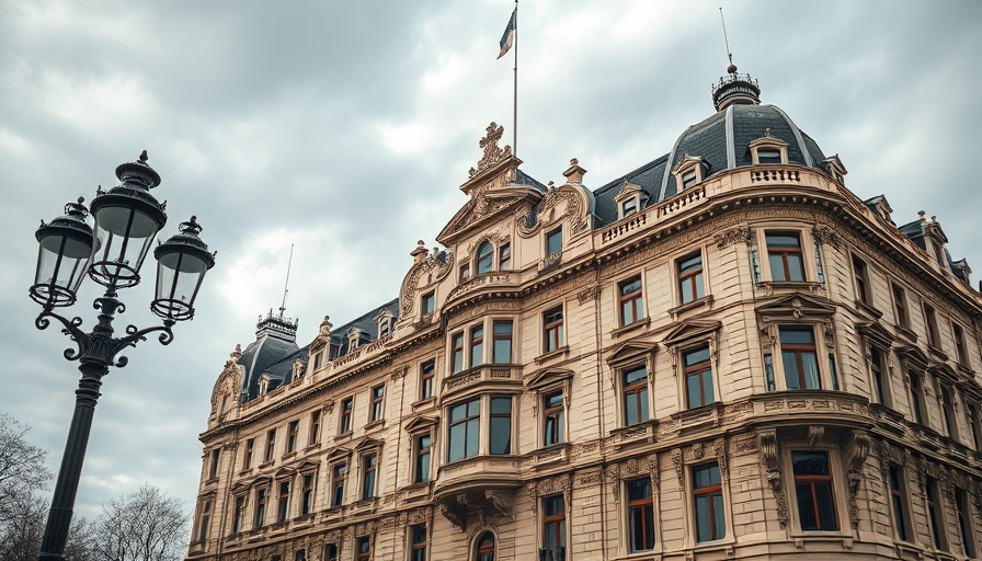 Ornate building and vintage lamps, highlighting classic architecture.