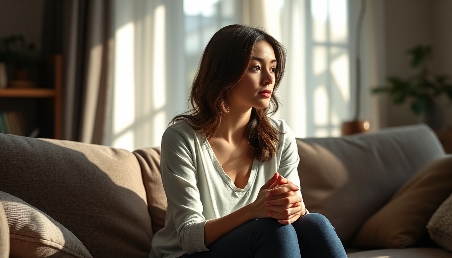 Woman with hands clasped, deep in thought, in a serene setting, highlighting anxiety disorders.