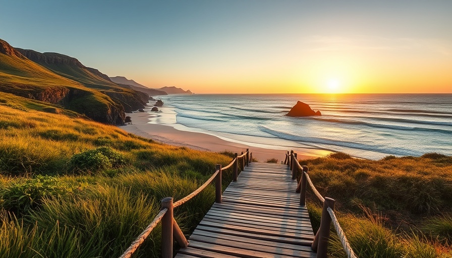 Scenic South African beach with boardwalk at sunset.