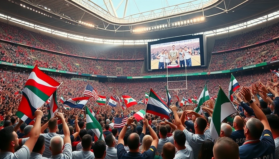 Excited crowd at Rugby World Cup match celebrating with flags.