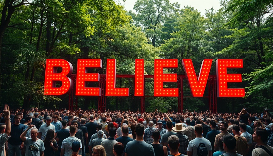 Bold 'BELIEVE' text over a jungle scene with energetic crowd.