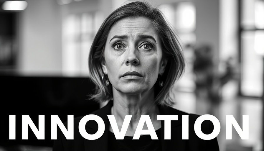 Monochrome portrait of a concerned woman with 'INNOVATION' text.