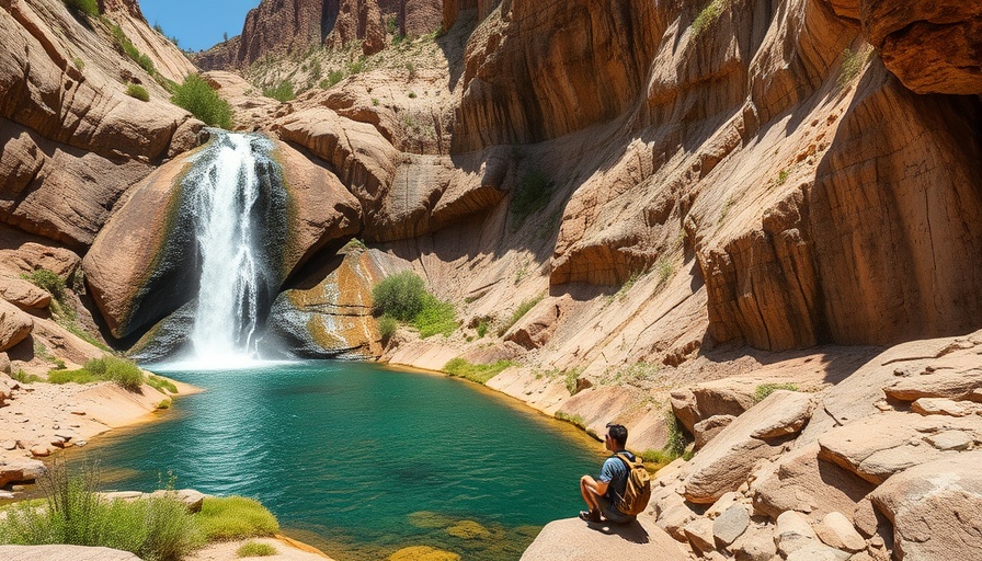 Sitting Bull Falls hiking experience, hiker near waterfall.