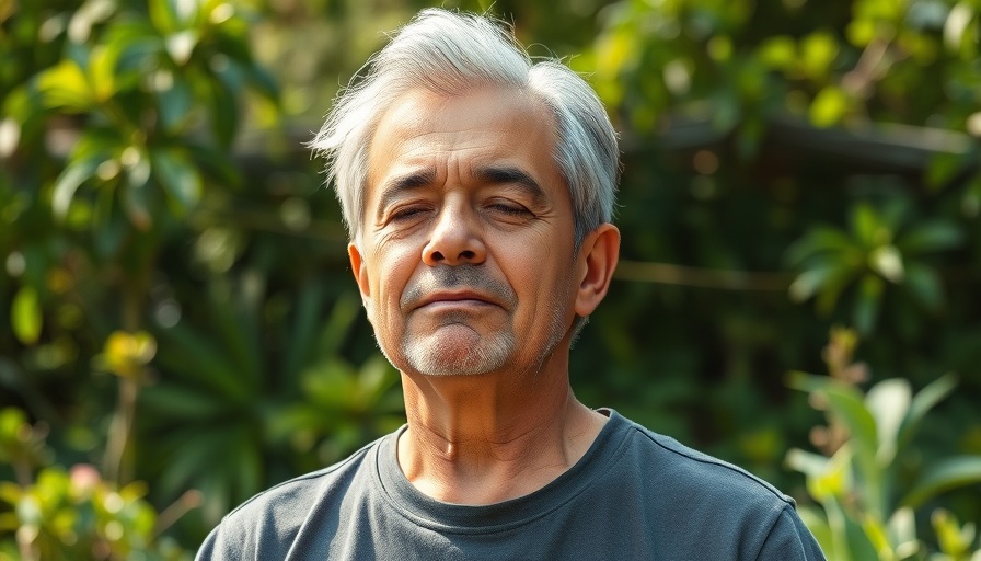 Meditative middle-aged person in a garden, addiction treatment.